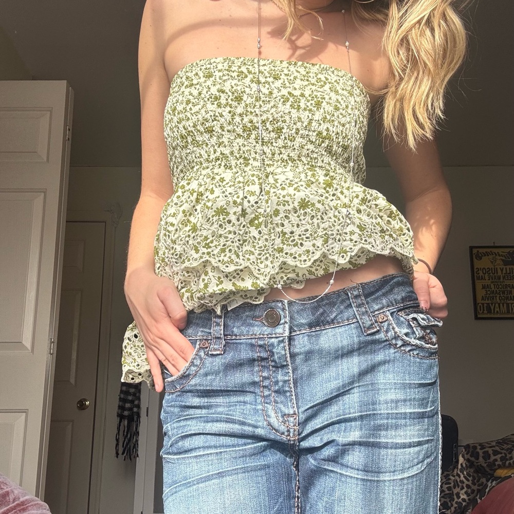 Zara Green Floral Strapless Top